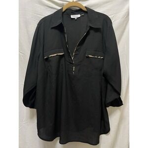 Calvin Klein Womens 1X Black Long Sleeve Animal Trim Button Blouse Flowy Career